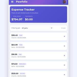 May include: A digital pet expense tracker interface titled Pawfolio. The screen displays a purple header, a total spent of $794.97, and a list of pet-related costs including food, medication, and vet visits for pets named Charlie and Bella.