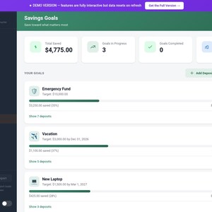 Op de afbeelding: Een digitale interface voor een budgettracker, met spaardoelen. De interface toont het totaal gespaarde bedrag, lopende doelen, voltooide doelen en de gemiddelde maandelijkse besparingen. Het toont ook specifieke doelen zoals een noodfonds.