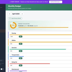 Op de afbeelding: Digitale interface voor een budgettracker-applicatie. Het scherm toont een maandbudget voor april 2026, met uitgavecategorie&euml;n zoals huisvesting, nutsvoorzieningen en boodschappen. Een grafiek toont 78% van het budget besteed.