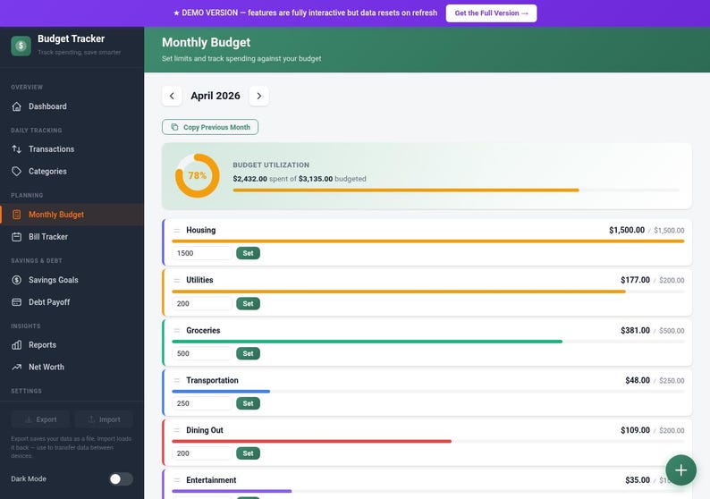 Op de afbeelding: Digitale interface voor een budgettracker-applicatie. Het scherm toont een maandbudget voor april 2026, met uitgavecategorie&euml;n zoals huisvesting, nutsvoorzieningen en boodschappen. Een grafiek toont 78% van het budget besteed.