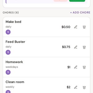 May include: Screenshot of a mobile app interface titled "Parent Settings." The screen displays a child's profile with earned money and pending tasks. Below, a list of chores with associated pay rates is visible.