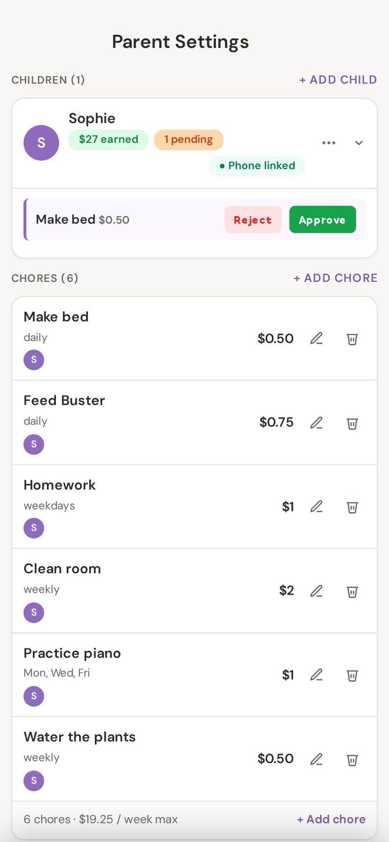 May include: Screenshot of a mobile app interface titled "Parent Settings." The screen displays a child's profile with earned money and pending tasks. Below, a list of chores with associated pay rates is visible.