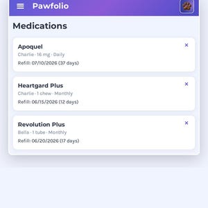 May include: A digital pet planner interface titled Pawfolio displaying a medication tracking list. The screen shows entries for Apoquel, Heartgard Plus, and Revolution Plus with dosage, frequency, and refill dates. A purple button at the bottom reads Get Pawfolio on Etsy.
