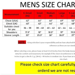May include: A detailed men's size chart in inches, with measurements for chest, shoulders, and sleeve length. The chart includes sizes from X-Small to XXXX-Large, with corresponding measurements. Text at the bottom advises checking the chart carefully.