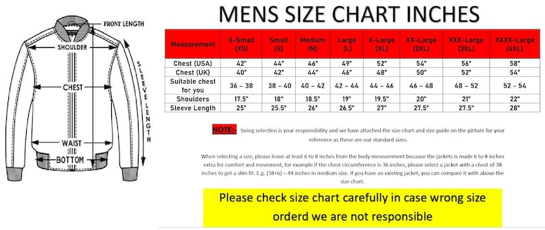 May include: A detailed men's size chart in inches, with measurements for chest, shoulders, and sleeve length. The chart includes sizes from X-Small to XXXX-Large, with corresponding measurements. Text at the bottom advises checking the chart carefully.