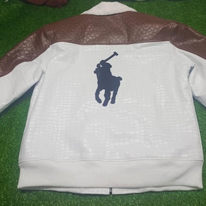 Men’s White Crocodile-Embossed Genuine Leather Jacket Handcrafted Polo style coat gift for him Logo on Back