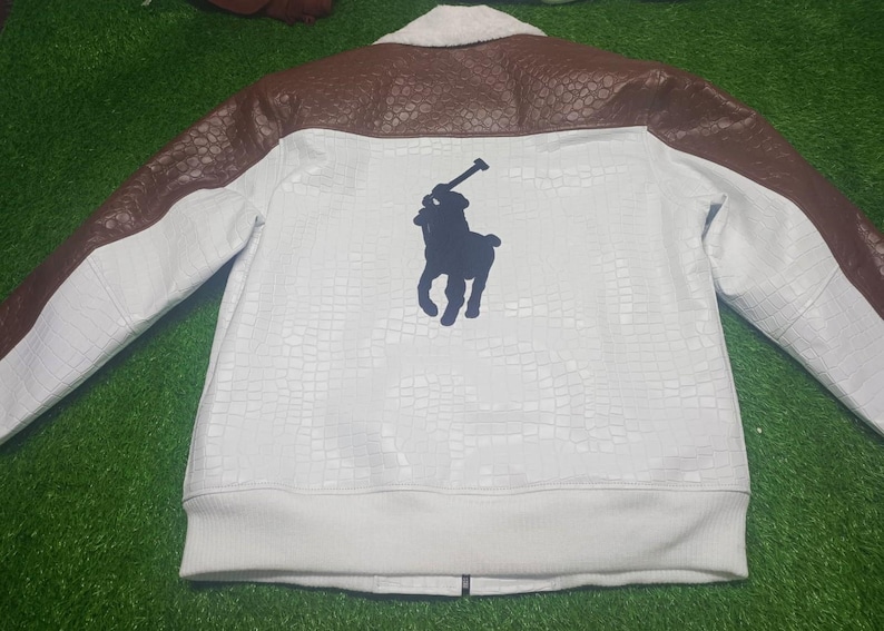 Men’s White Crocodile-Embossed Genuine Leather Jacket Handcrafted Polo style coat gift for him Logo on Back