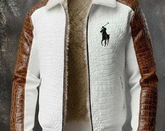 Weiße Herren-Lederjacke mit Krokodilprägung, handgefertigt von Polo Ralph Lauren – das perfekte Geschenk für ihn