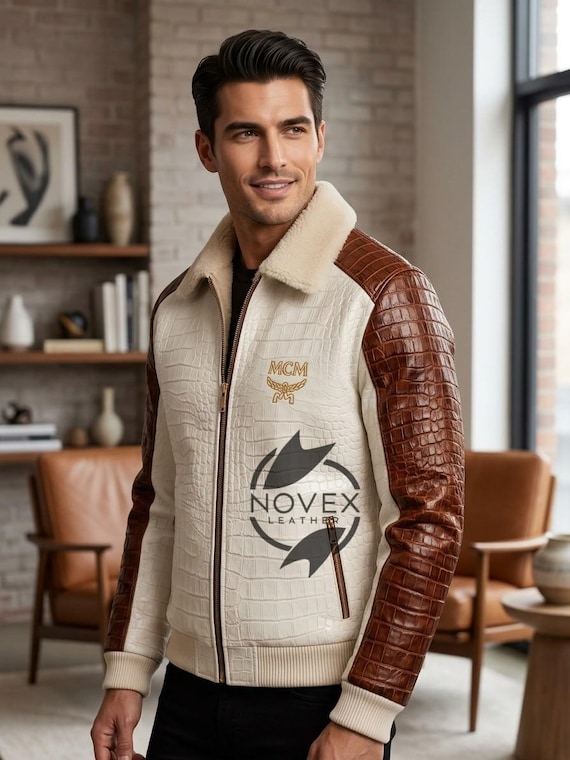 Men's Genuine Crocodile Embossed Cowhide Jacket Luxury MCM Polo-Style Fashion Gift for him