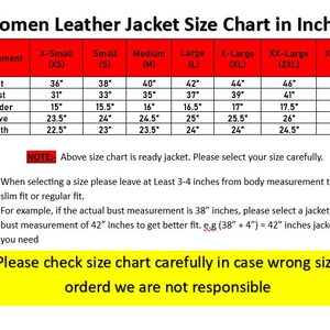 K&ouml;nnte beinhalten: Gr&ouml;&szlig;entabelle f&uuml;r Damen-Lederjacken in Zoll. Enth&auml;lt Brust-, Taillen-, Schulter-, &Auml;rmel- und L&auml;ngenma&szlig;e f&uuml;r Gr&ouml;&szlig;en von XS bis XXXL. Text gibt Hinweise zur Gr&ouml;&szlig;enauswahl und Passform.
