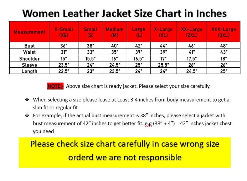 K&ouml;nnte beinhalten: Gr&ouml;&szlig;entabelle f&uuml;r Damen-Lederjacken in Zoll. Enth&auml;lt Brust-, Taillen-, Schulter-, &Auml;rmel- und L&auml;ngenma&szlig;e f&uuml;r Gr&ouml;&szlig;en von XS bis XXXL. Text gibt Hinweise zur Gr&ouml;&szlig;enauswahl und Passform.