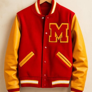 May include: A red and yellow varsity jacket with a large yellow "M" patch. The jacket has yellow leather sleeves, a striped collar, and striped cuffs. The jacket is hanging on a wooden hanger.