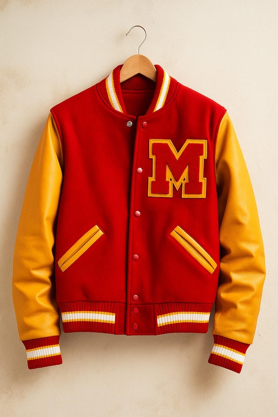 Thriller Michael-Jackson Varsity Red-Yellow | Letterman Jacket with M Patch | Classic College-Baseball Jacket | Retro-Bomber Coat
