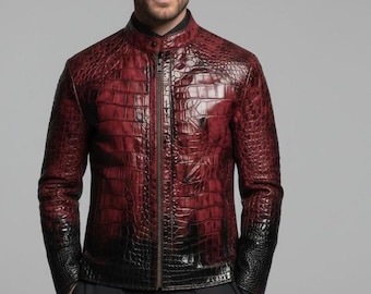 Herren Burgunder Krokodil geprägte echte Rindsleder Bikerjacke - Slim Fit Motorradmantel