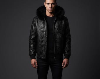 Men's Black Genuine Crocodile Print Leather  Jacket Fur Hood bomber Jacket gift for him