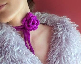 Crochet Velvet Rosette Choker. Purple Rose Neck Tie. Gothic Romance Flower Necklace. Coquette Aesthetic. USA Handmade Gift for Her