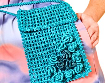 Crochet Phone Belt Bag in Turquoise Blue. Convertible Festival Crossbody Purse and Boho Rose Waist Bag for Travel USA Handmade