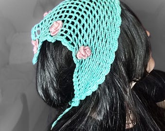 USA Handmade Crochet Bandana, Neo Mint Crochet HairWrap, Handmade Cotton Lace Headscarf, Summer Kerchief, Boho Style Accessory