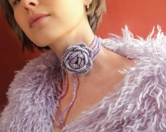 Crochet Alpaca Rosette Choker. Lavender Sparkle Flower Neck Tie. Fairycore Aesthetic Shimmer Necklace. USA Handmade Gift for Her