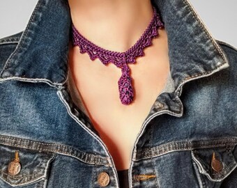 Colorado Purple Fluorite Choker Necklace: One-of-a-Kind Mineral Crochet Jewelry with Stone Talisman. Witchy amulet.