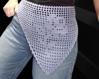 Handmade Crochet Bandana, Cotton Mesh Kerchief, Head-to-Hip Style Wrap, Blue Pastel Rose Head Scarf, Summer Festival Accessories