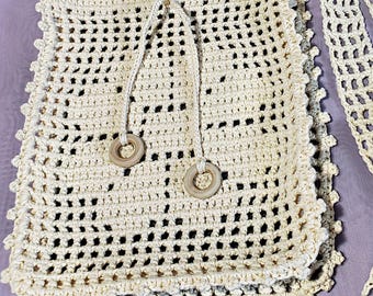 USA Handmade Crochet Mesh Shoulder Bag, Cream Cotton Boho Crossbody Purse for Tablet and Book, 8x10 Small Fishnet Tote Shipped from US