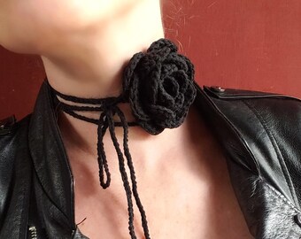 Crochet Rosette Choker. Black Cotton Rose Neck Tie. Whimsigoth Statement Flower Necklace. USA Handmade Gift for Her