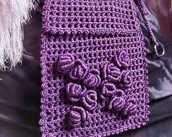 Crochet Phone Belt Bag in Amethyst Purple. 3-Way Convertible Crossbody Purse with 3D Rose for Boho Festival Style. USA Handmade