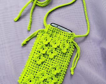 USA Handmade Crochet Phone Purse, 3-Way Mini Bag,3D Floral Crossbody Festival Pouch, Yellow Green Belt Bag, Cotton Blend Mobile Case