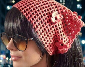 Gehäkeltes Halstuch, Terrakotta Bandana, Bambus Kopftuch mit 3D-Blumen, Boho style Hair Wrap, Vielseitiger Festival Hip Schal