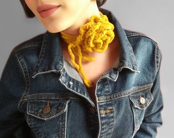 Handmade Honey Gold Velvet Crochet Rosette Choker Necklace – Boho Western Flower Tie