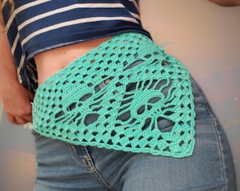 USA Handmade Skull Crochet Bandana – Edgy Boho Head Wrap, Festival outfit, Neon Mint Cotton Kerchief, Babushka scarf, Ships from US