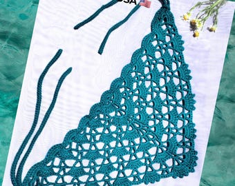 USA Handmade Crochet Kerchief, Coquette Lace Bandana, Multi-way Teal Hair Scarf, Festival Boho Headwrap, Luxury Silk Blend Cottagecore Scarf