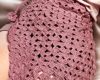 Merino Wool Crochet Hip Scarf in Dusty Rose. Boho Skirt Overlay Waist Apron for Layering Style. US Handmade Crochet