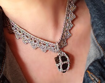 Smoky Quartz Crochet Choker Necklace: Raw Crystal Amulet, Whimsigoth Lace Jewelry