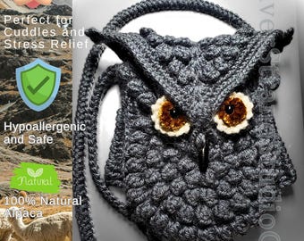 USA Handmade Crochet Alpaca Owl Bag, Mini Phone Pouch, Crossbody Purse, 100% Hypoallergenic Eco Friendly Toy, Unique gift Ships from US
