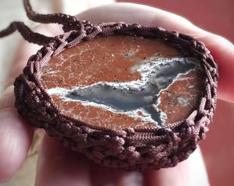Thunder Egg Necklace, Bird of Happiness Pendant, Natural Rhyolite & Agate Talisman, One of a Kind Mineral Crochet Jewelry