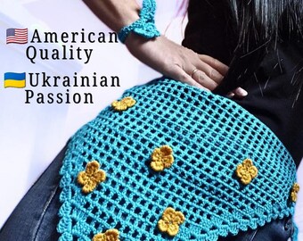 USA Handmade Crochet Bandana,  Cotton Mesh Kerchief,  Boho Headscarf, Floral Beach Cover Up, Hip Scarf, Festival Accessory