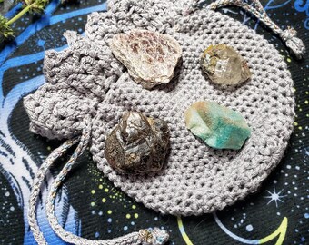 Colorado Crystals Medicine Bag Raw Amazonite Lepidolite Smoky Quartz Anxiety Set with Hand-Crocheted Linen Pouch
