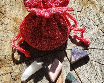 Colorado Thulite Garnet Fluorite Crystal Medicine Bag Amulet Set Shimmering Crochet Pouch