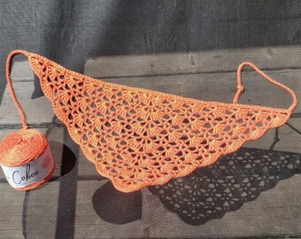 US Handmade Crochet Lace Kerchief, Orange Bandana, Cotton Headscarf, Boho style Hair Wrap, Versatile Festival Scarf, Multi-way Accessory
