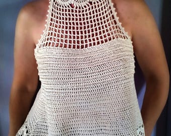 Ecru Lace Couture Halter Top/ OOAK Handmade Crochet Artisan Piece/ Cotton Modern Blouse/ Boho Luxe Festival Outfit/ Avant-Gard Streetwear