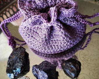 Colorado Crystals Medicine Bag with Raw Fluorite Smoky Quartz Magnetite Amulets. Handmade Linen Crochet Pouch