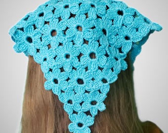 USA Handmade Crochet Floral Bandana – Hip Wrap, Boho Headscarf, Cotton Head Kerchief  Lace Festival Accessory