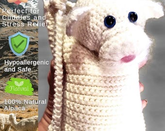 USA Handmade Crochet Alpaca Puppy Phone Pouch, White Kawaii Plush Crossbody Bag,Eco Friendly Toy Ships from US