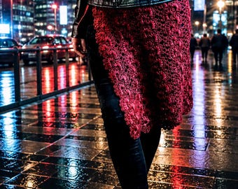 USA Handmade Burgundy Merino Wool Crochet Hip Scarf. Boho Lace Skirt Overlay and Cozy Waist Wrap for Layering Style