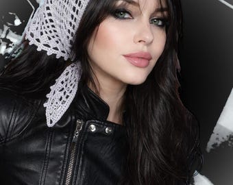 Linen Crochet Skull Bandana for Gothic Halloween. Silver Gray Filet Mesh Headscarf and Edgy Boho Hip Wrap. USA Handmade