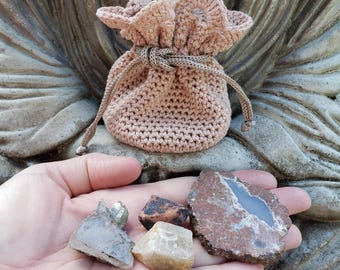 Colorado Rootbeer Barite, Microcline,Thunder Egg Crystal  Medicine Bag Amulet Set with Crochet Gift Pouch