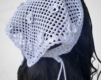USA Handmade Crochet Bandana, White Mesh Head Wrap with 3D Flowers, Boho Headscarf,  Cotton Kerchief, Multiway Summer Festival Accessory