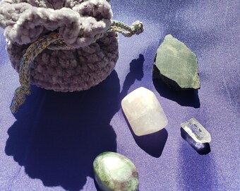 Anxiety Relief Set with Ancient Hornblende (Amphibole) Rose Quartz  Fluorite Amulets - Calming Crystal Kit Crochet Gift Pouch Medicine Bag